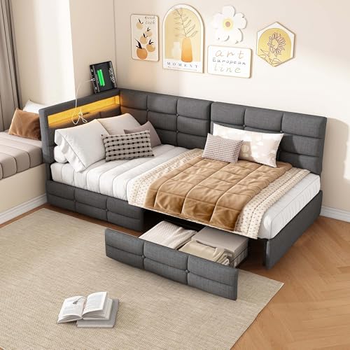 Cama 90 x 200 con cajones y espacio de almacenamiento, cama acolchada en L con lámpara LED y USB, sofá cama moderno con somier de láminas, sin colchón (gris, 90 * 200)