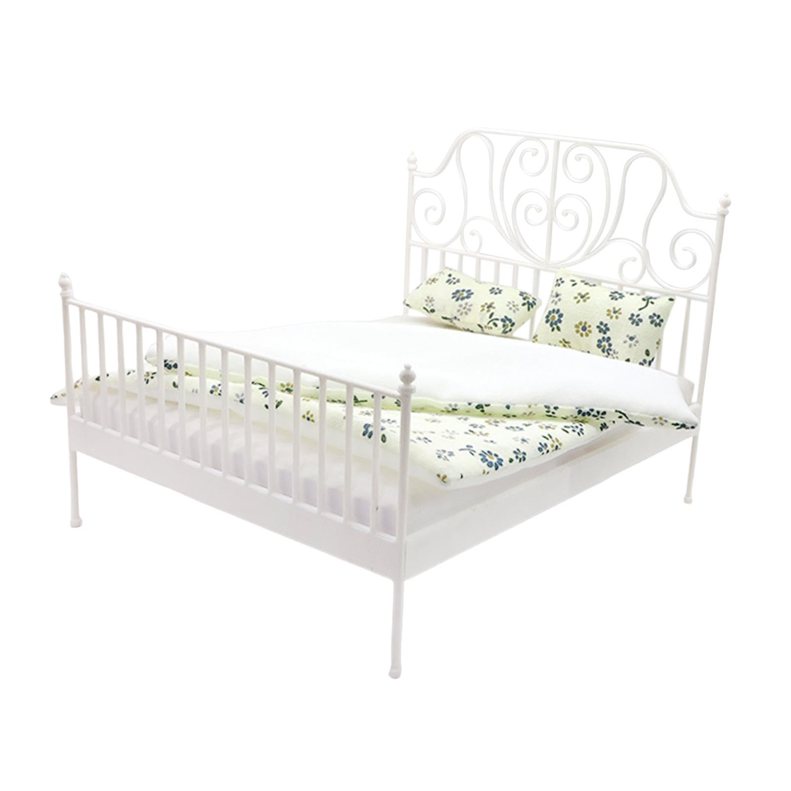 Mini Letto Matrimoniale Accessorio Casa delle Bambole Mobile in 1 12 Modello Decorativo da Camera Struttura in Ferro Adatto per Fotografia, Bianco