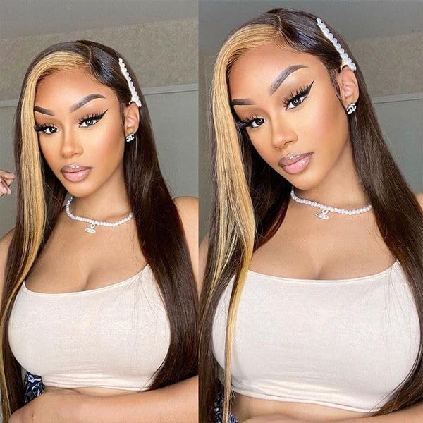 ANDRIA 13x4 Black And Blonde Lace Front Wigs Pre-Plucked Glueless Lace Frontal Wigs with Baby Hair Heat Resistant Synthetic Hair Long Wigs 26 Inch