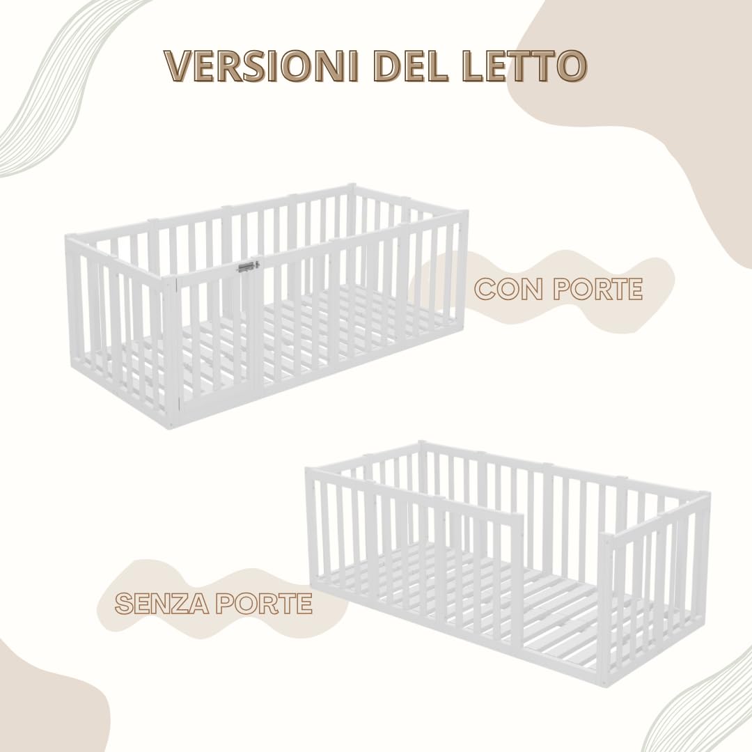 Letto per Bambini 180x90 cm – Letto Montessori a Pavimento con Alta Barriera di 73 cm Rimovibile – Legno Bianco con Superficie Liscia – Perfetto per Bambini e Bambine Crazy John