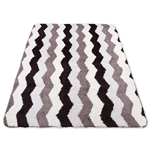 Amazinggirl Tapis Salon Shaggy 100 x 160 cm - Descente de lit Chambre Grande Taille Tapis Poils Longs Moderne tapid Moquette Poil Long tapi Zigzag Marron et Blanc