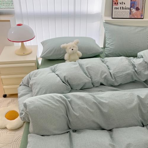Image of mixinni Green Striped Duvet Cover Full Size - 100% Washed Cotton Pinstripe Comforter Cover with Zipper Closure, Lightweight & Breathable, 3 Pieces Minimalist Stripes Pattern Printed Bedding Set