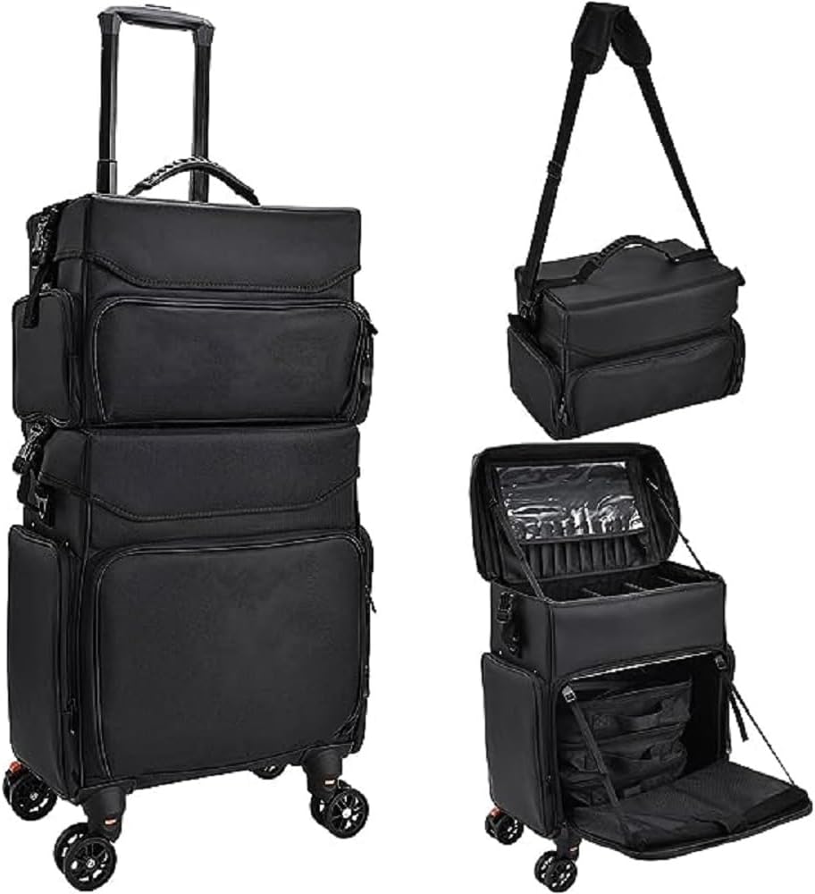 New Large 2 in 1 Black Canvas/Nylon Rolling Vanity case, Make up case, Cosmetic case