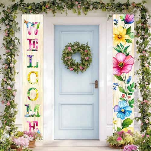 Image of Hometitute 2 Pcs Spring Summer Welcome Floral Porch Banners Butterfly Flower Hanging Flag Porch Sign for Front Door Wall Porch Banners Vintage Spring Decorations Seasonal For Yard Indoor Outdoor Decorations