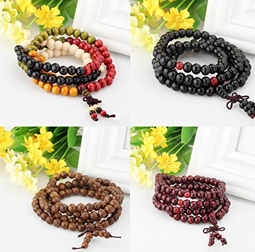 LOYALLOOK 8Pcs 108 Mala Bead Bracelets 8MM Tibetan Buddha Wood Beaded Sandalwood Link Wrist Necklace Chain Bracelets Multilayer Buddhist Prayer Strand Bracelet Meditation Necklace Elastic Chinese Knot4