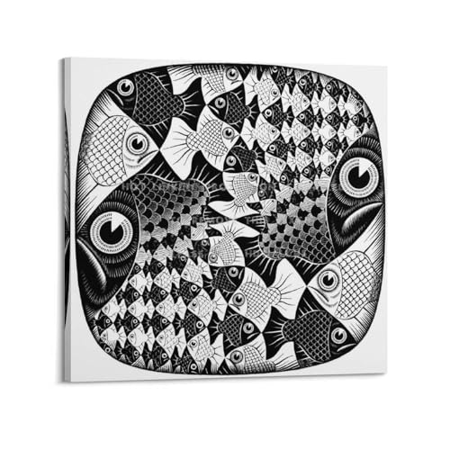 M.C. Escher Poster sur toile représentant des poissons et des écailles Décoration murale moderne 40 x 40 cm