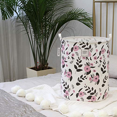 Sea Team 19.7" X 15.7" Large Sized Folding Cylindric Canvas Fabric Laundry Hamper Storage Basket With Floral Pattern, Pink & Black #TOP5