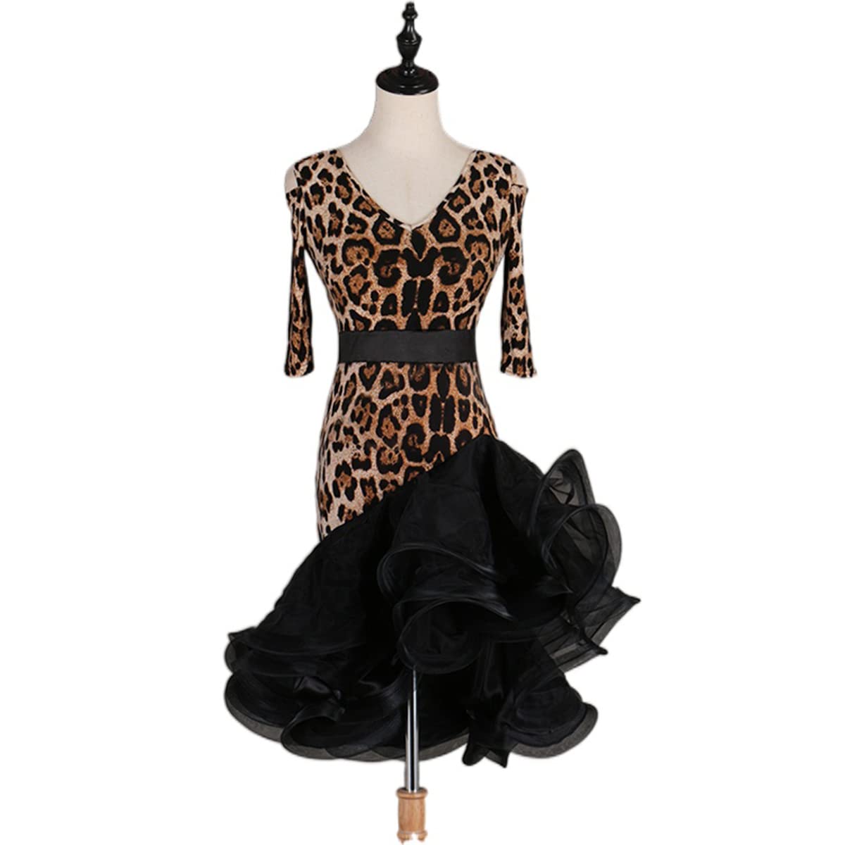 Damen Leopard Latin Dance Kleider V-Ausschnitt Backless Latin Competition Dress Ballroom Salsa Samba Cha Cha Rock Walzer Performance Kleid Foxtrot Praxisrock