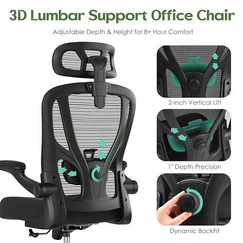 Office Chair Ergonomic Desk Chair - Mesh High Back Office Chair with Headrests Wheels Lumbar Support Home Desk Office Chairs Flip up Armrest Executive Rolling Swivel Task Computer Chair Black - Image 6