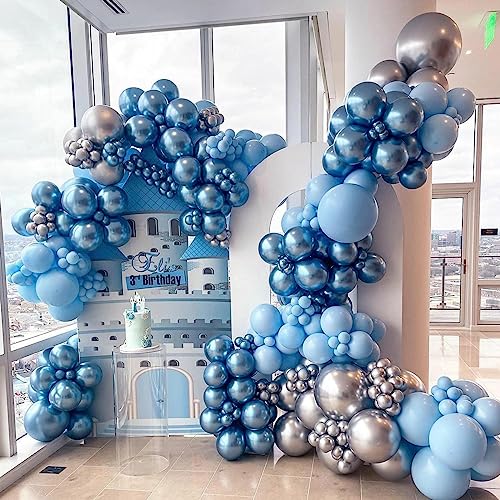 Image of Jobkoo Blue and White Balloons, 60 Pcs 12 Inch Pastel Baby Blue Silver Latex Balloon with Metallic Confetti Balloons Graduation Balloon for Boys Birthday Baby Shower Christening Grad Party Decorations