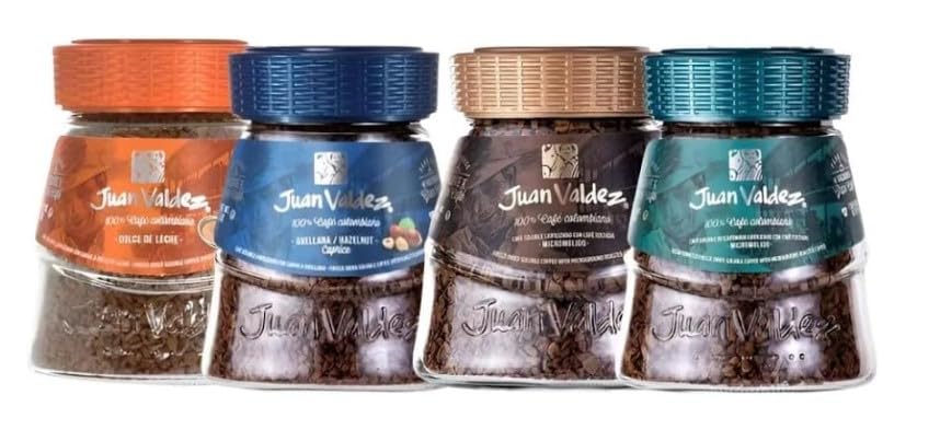 Set Café Colombiano Liofilizado Soluble J. Valdez Sabores Dulce de Leche Avellana Original y Descafeinado - Pack de 4
