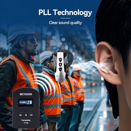 Auricular para guía turística Retekess TT106, sistema de audio inalámbrico (2 transmisores y 30 receptores), para fábricas, tours y escuelas, operación dual de transmisores, gancho auricular inalámbrico, estuche de carga de 32 ranuras, receptor de 18 g miniatura 2