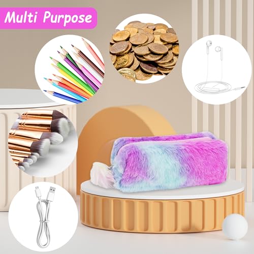 Image of Fluffy Pencil Case, Plush Pencil Case Rainbow, Soft Pouch Colored Storage Bags, Makeup Pouch, for Daily Study Work(1Pcs) (Purple Rainbow)