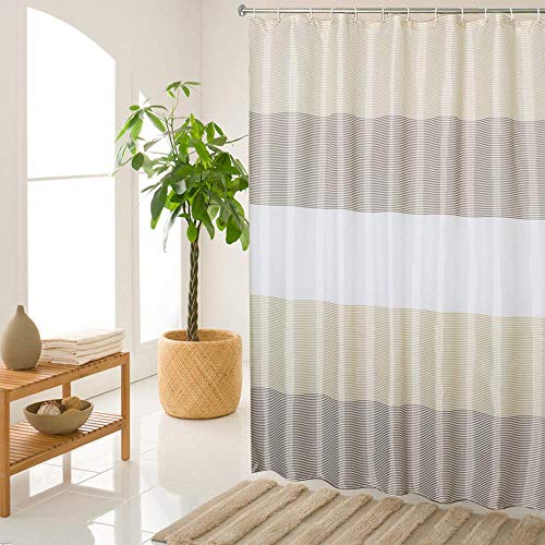 Fabric Shower Curtain Beige for Bathroom Waterproof Textile，Striped Design Dark Taupe and Balck，71