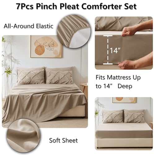 CozyLux Queen Comforter Set Khaki, 7 Pieces Pintuck Bed in A Bag, Premium Khaki Comforter Queen Size, Pinch Pleat Bedding Sets with Comforter, Sheets, Pillowcases & Shams