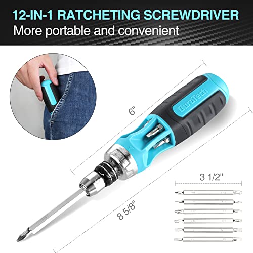 DURATECH Ratcheting Screwdriver, 12-in-1 Multi-bit Screw Drivers, Premium S2 Steel, Innovated Bits Quick-Load Mechanism, with Phillips, Slotted, Torx, Square Bits Stored in Handle - Image 7