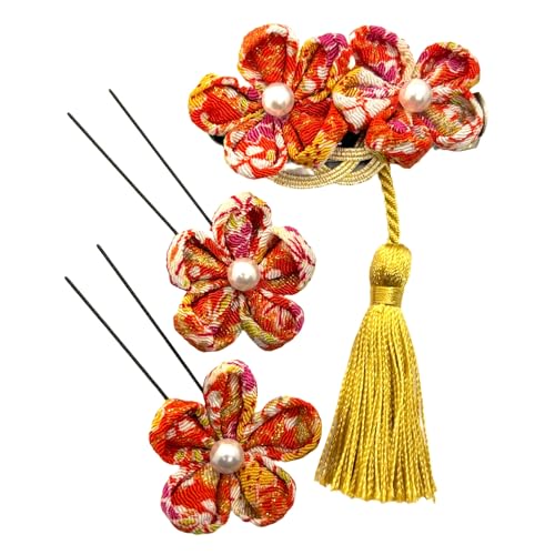 髪飾り ヘアクリップ(お花のつまみ細工+水引きの梅結び+タッセル)、ヘアピン(お花のつまみ細工?Uピン)2個のセット 和服 着物 七五三 成人式 結婚式 卒業式 簡単装着 摘み細工 Japan hair accessory kimono ヘアアクセ ヘアア