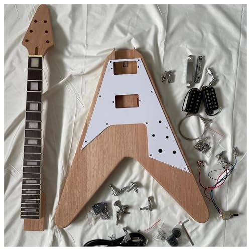 Unfinished Guitar Body DIY Electric Guitar Kits V Shaped Mahogany Body Neck Rosewood Fingerboard Dot Inlay And Square Inlay(Square Inlay)