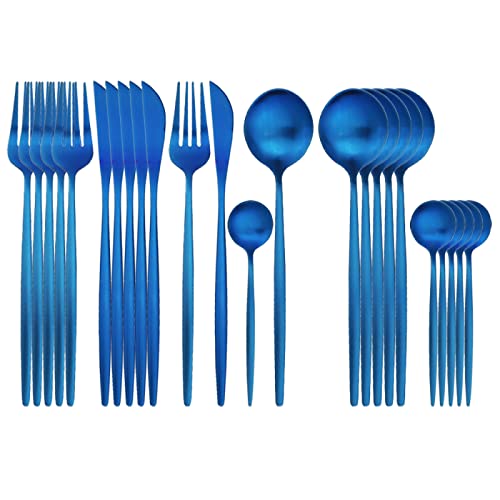 Juego De 24 Unidades De Vajilla De Acero Inoxidable, Juego De Cubiertos, Cuchillos, Tenedor, Cucharas De Café, Juego De Vajilla para Cena,Azul