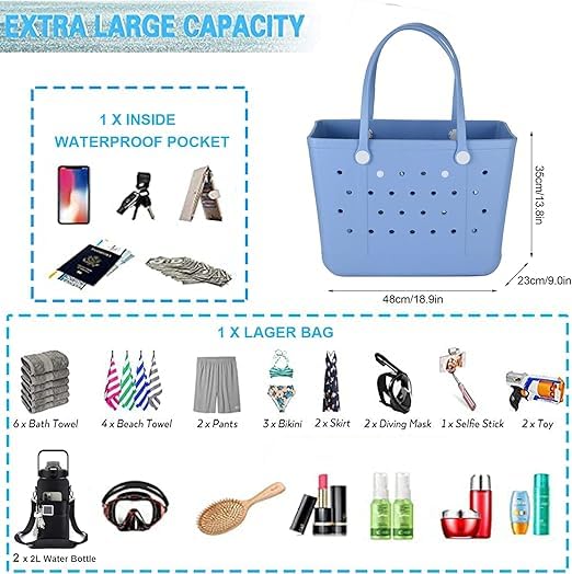 Rubber Beach Bag, Washable Moisture Resistant Durable Open Hole Tote Bag Beach Vacation Essentials2