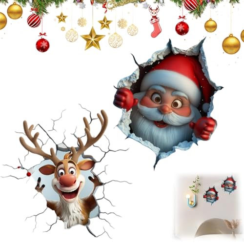 Christmas Creative Wall Sticker, 3D Wall-Breaking Santa Claus Sticker Peel and Stick, Realistic 3D Santa Claus Walls Decoration for Christmas Party Living Room Kitchen Bathroom (2, A+B)