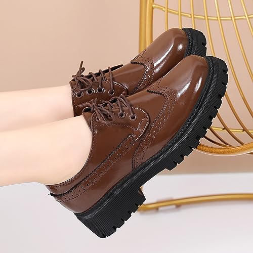 Image of Womens Vintage Oxford Shoes Platform Lace-up Round Toe Patent Leather Brogues Casual Oxfords for Girls Ladies Women