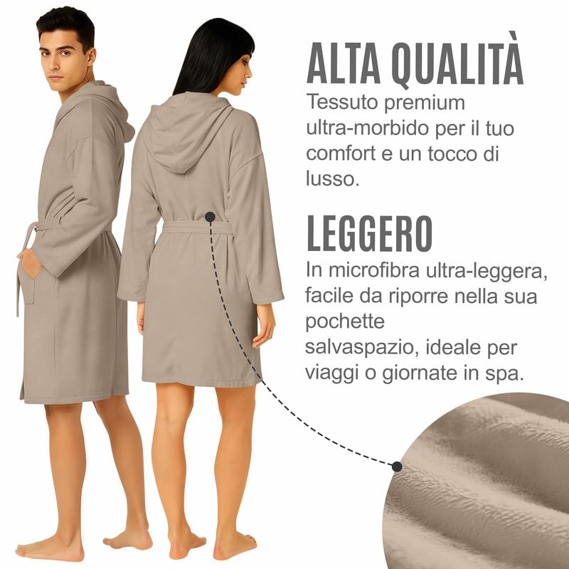 NARCISO - Accappatoio Uomo Donna Microfibra Economico con Tasche Cappuccio e Cintura, Ideale per Casa, Viaggio, Palestra, Tessuto Morbido e Comodo, Taglie dalla S alla XXL