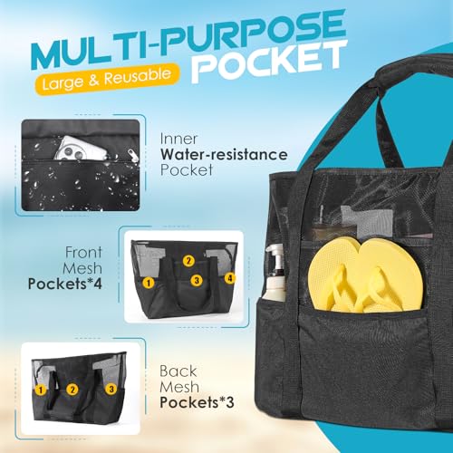 24 inch Large Mesh Beach Bag with Zipper, Oversized Foldable Lightweight Family Beach Tote with 7 Pockets, Vacation Essentials Beach Accessories 5