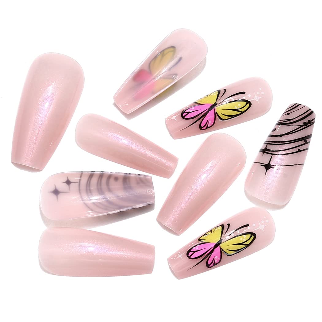Handcess Coffin Glitter False Nails Medium Pink Press on Nails Butterfly Fake Nails Aurora Stick on Nail for Women and Girls 24Pcs - Image 4