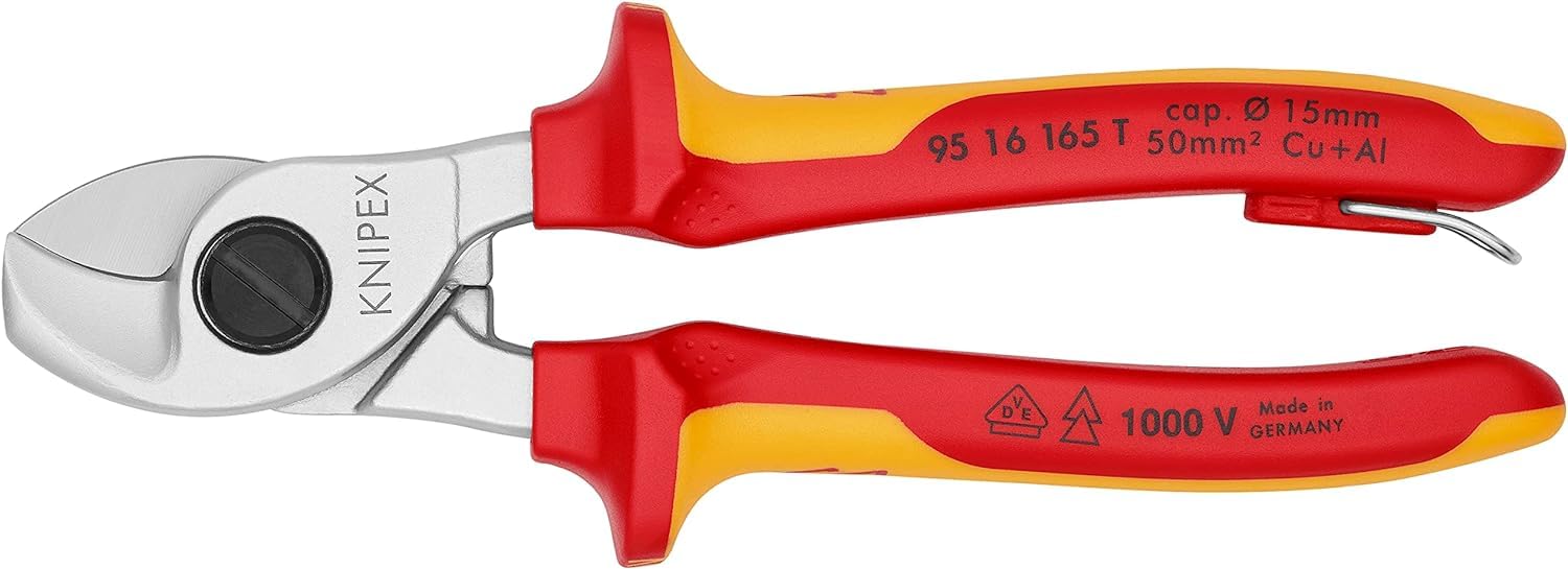 KNIPEX Cesoia per cavi in blister cromata isolante con, 95 16 165 T BK | manici rivestiti in materiali bicomponente, collaudati VDE; con anello di