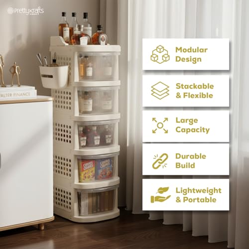 Image of PrettyKrafts 5 Tier Plastic Storage Drawer Cabinet with Wheels /Modular Storage Drawer Organizer with Side Basket & Integrated Handle /Plastic Storage Trolley Rack for Home /Kitchen /Office /Books