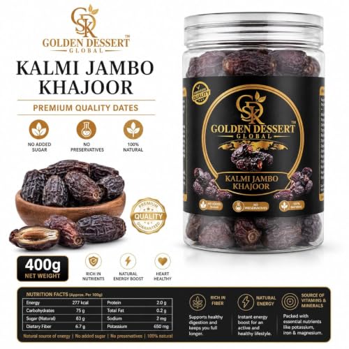 Image of Golden Dessert Global Premium Kalmi Jumbo Dates & Kalmi Super Jumbo Dates Combo Pack | Natural Seeded Khajoor | No Added Sugar | Rich in Fiber, Vitamins & Minerals | Healthy Dry Fruit Snack | Premium Quality