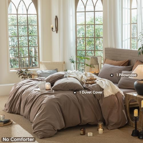 Image of MooMee Wavy Striped Duvet Cover Set 100% Washed Cotton Linen Like Textured Breathable Durable Soft Comfy (Brown, Twin 68 inchx90 inch)
