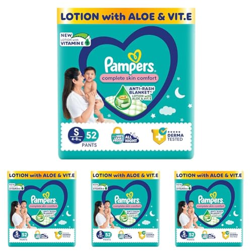 Image of Pampers Complete Skin Comfort Pants, (SM) 52 Count, Anti-rash blanket, Lotion with Vitamin E & Aloe Vera, Small size baby diapers, 4-8 kg (Pack of 4)