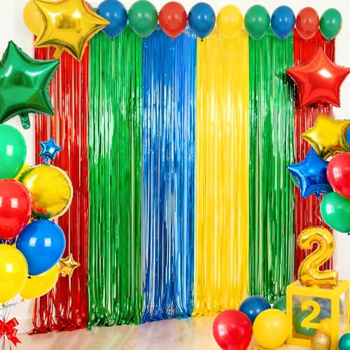 Image of 4 Packs Blue Red Green Yellow Foil Fringe Curtain, Blue Red Green Yellow Glitter Metallic Tinsel Backdrop for Birthday, Baby Shower, Video Game Theme Party Decorations Supplies