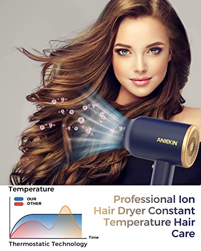 Aniekin Hair Dryer, Blow Dryer With Diffuser, 1875W Professional Ionic Hair Dryer For Travel, Portable Hair Dryers & Accessories For Women Curly Hair, Blue #TOP3