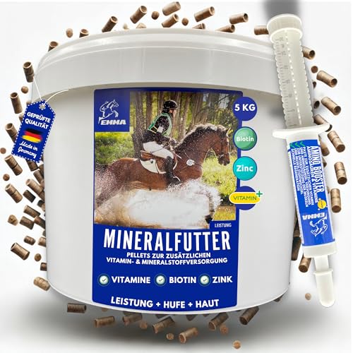 EMMA Mineralfutter Pferd 5kg + Biotin Zink Selen – Mineralien Komplex mit Magnesium & Bierhefe – Pellets & Amino Paste 30ml – Huf Fell Haut Fellwechsel – Pferdefutter für Starke Hufe & Vitalität