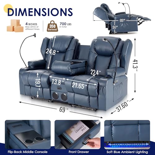 Image of Redlife Power Loveseat Recliner Sofa with Console, PU Leather Dual Reclining Couch with Blue LED Lights, Bluetooth Speakers, USB Ports, Phone Holders, Home Theater & RV Recliner (Blue)