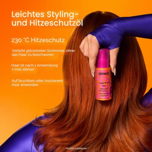 amika Superfruit Star Lightweight Hair Styling + Heat Defense Oil 50 ml | Leichtes Haaröl & Styling-Öl für Glanz & Anti-Frizz | Hitzeschutzöl bis 230 °C für alle Haartypen| vegan