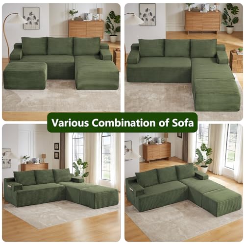 Image of 96.1 inch Modular Sectional Sofa with Ottoman, Modern Corduroy Cloud Couch, Boneless Couch Upholstered 3-Seater U-Shaped Sofa for Living Room, No Assembly (Green, Right-Facing Chaise)