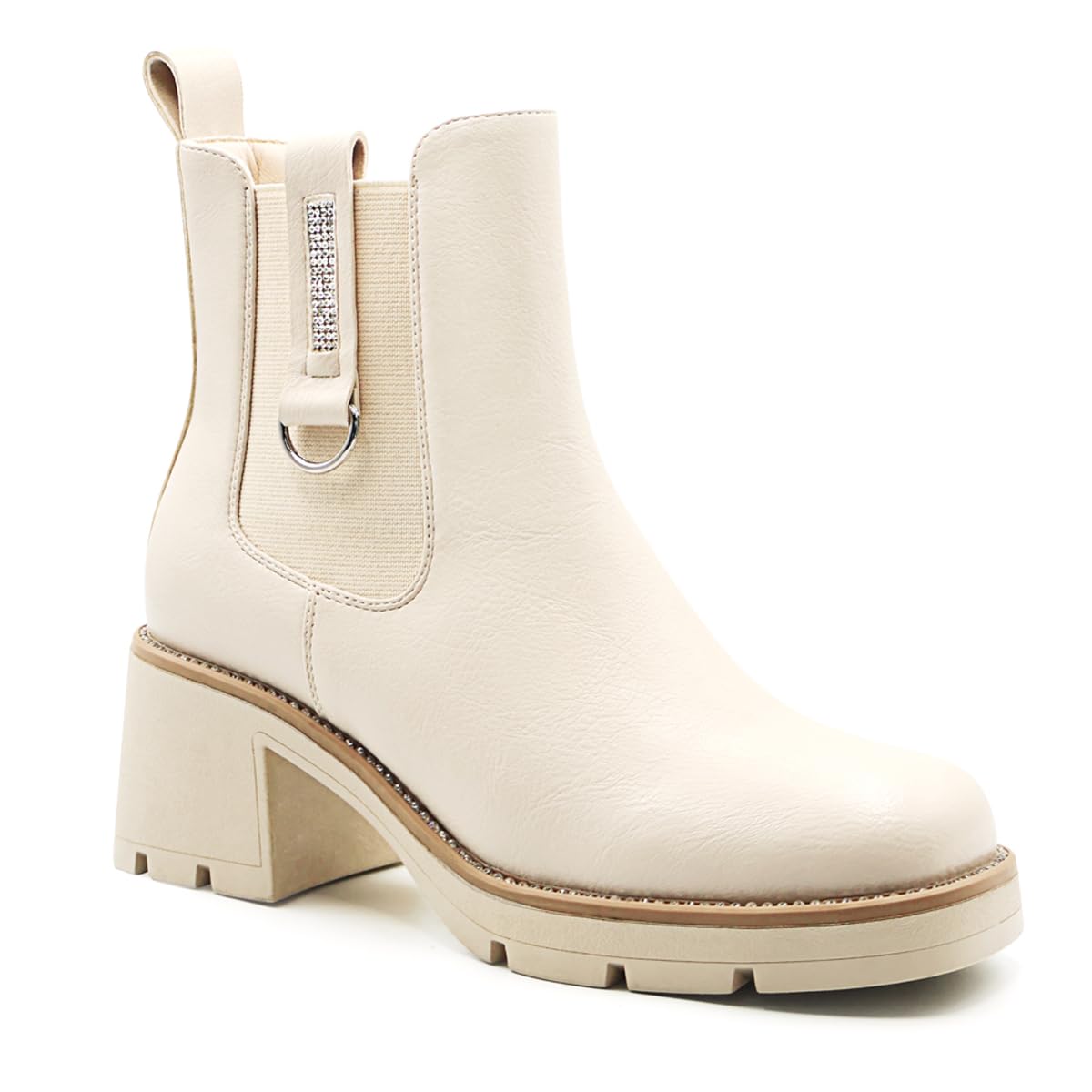 Rhinestone Detail Chelsea Boots for Women Chunky Heel Mid-Calf Boots Cream Colored Faux Leather with Decorative Strap and