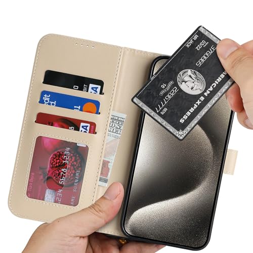 Image of for iPhone 15 Pro Max Case Wallet with Card Holder,for iPhone 15 Pro Max Wallet Case for Women Men,PU Leather Shockproof Magnetic Buckle Stand Flip Phone Case-Beige