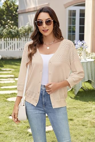 Women's Lightweight Cardigan Sweaters 3/4 Sleeve V Neck Button Down Hollowed-Out Trendy Cardigan Knit Shrugs Tops3
