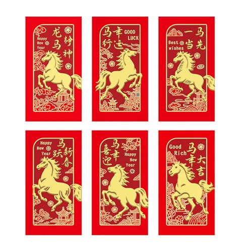 Sobre Rojo De Caballo - Juego De 6 Con Patrón De Caballo 2026, Lindo Bolsillo Para Dinero | Diseño Estampado De Lámina De Lujo Para Año Nuevo, Regalo De Celebración De Hanbao Del Año Nuevo Chino Para