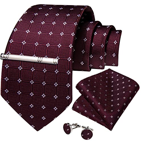 Image of DiBanGu Plaid Ties for Men Silk Checkered Necktie and Pocket Square Cufflinks Tie Clip Set with Gift Box for Wedding Business