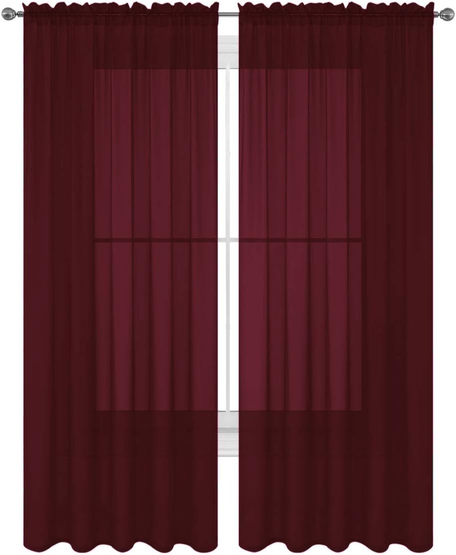 Decotex 2 Piece Solid Elegant Sheer Curtains Fully Stitched Panels Window Treatment Drape (54" X 63", Burgundy)