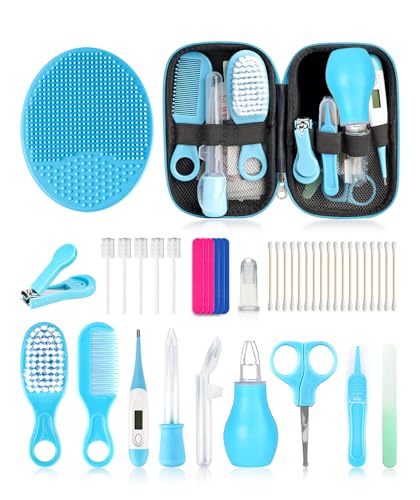 Image of Baby Grooming and Healthcare Kit, Portable Baby Safety Care Set with Hair Brush Comb Nail Clipper Nasal Aspirator for Nursery Newborn Infant Girl Boy (25 in 1, Blue)