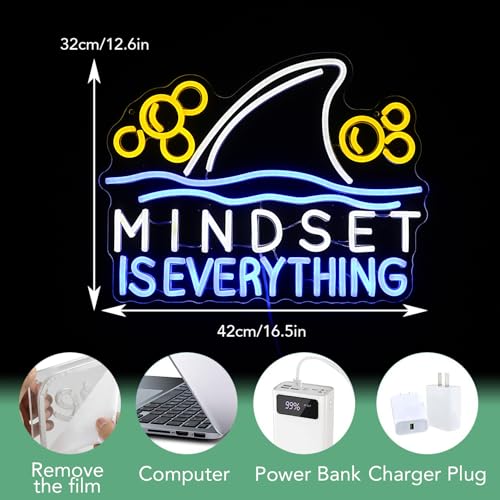 Image of Mindset is Everything Neon Sign Led Fish Shark Neon Light Up Sign Dimmable Inspirational Neon Wall Decor sign for Classroom Office Bedroom School 16.5 * 12.6 IN