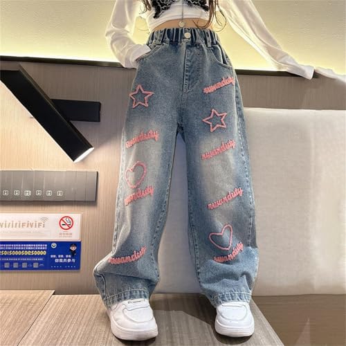 Cute Star Embroidery Baggy Jeans for Girs Wide Leg Elastic High Waisted Denim Pants Teens Trendy Streetwear Trousers3