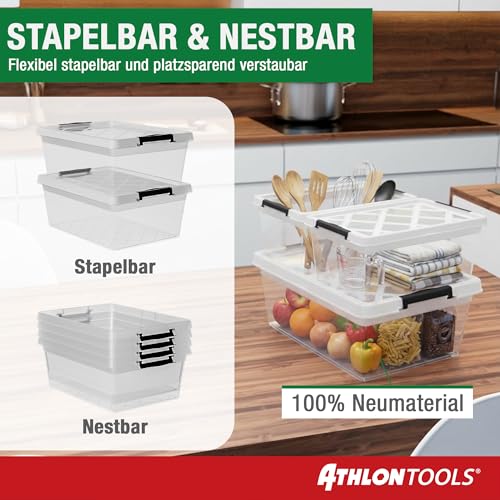 ATHLON TOOLS 4x 12.5 L Aufbewahrungsboxen mit Deckel, lebensmittelecht - Verschlussclips - 100% Neumaterial Plastik-Box transparent - Kleiderboxen stapelbar…